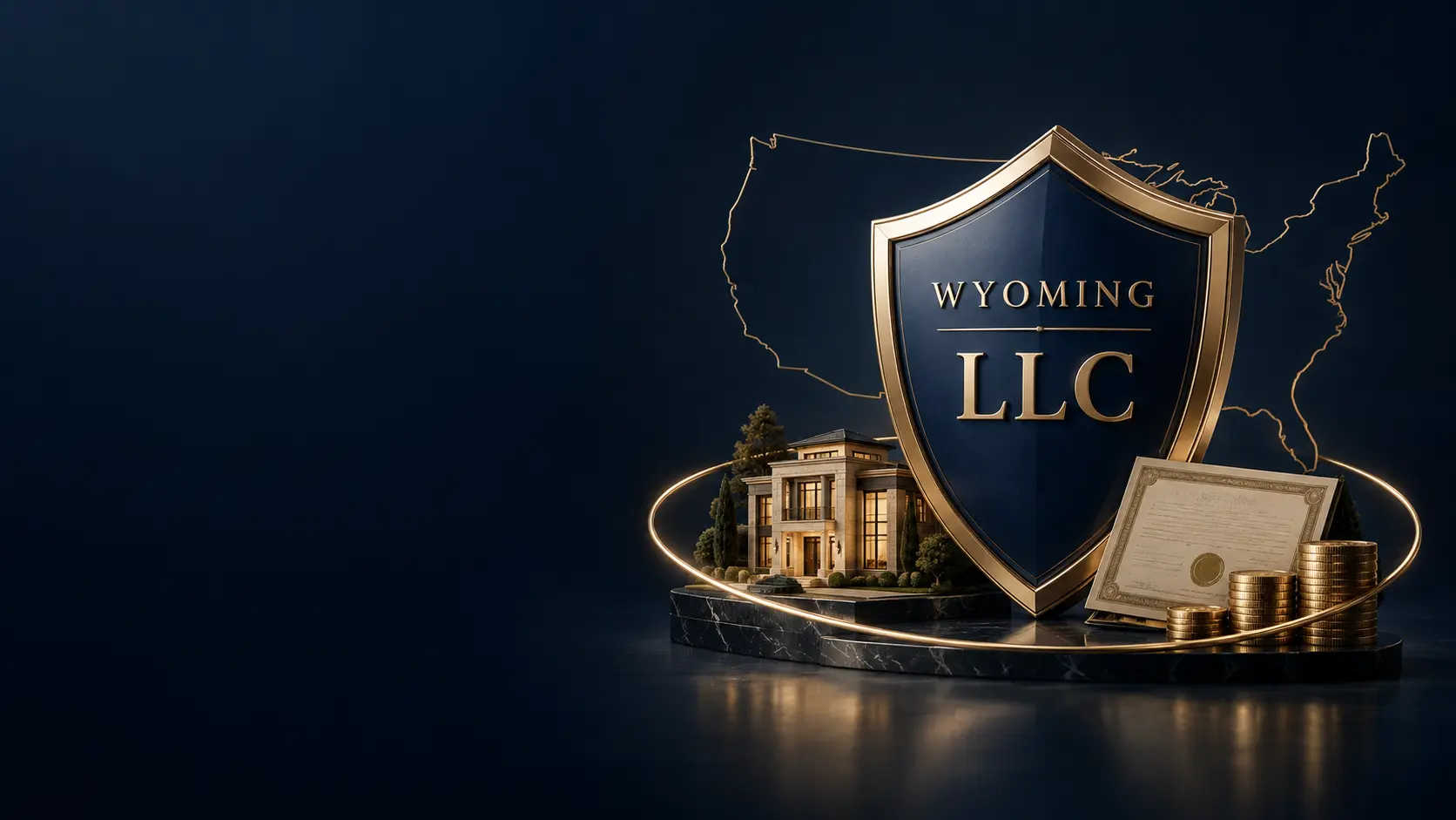 Wyoming LLC – goldenes Schutzschild mit US-Karte, Villa und Urkunde auf Marmorsockel